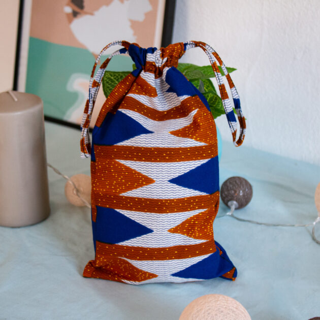 Sac à coulisses marron, blanc, bleu